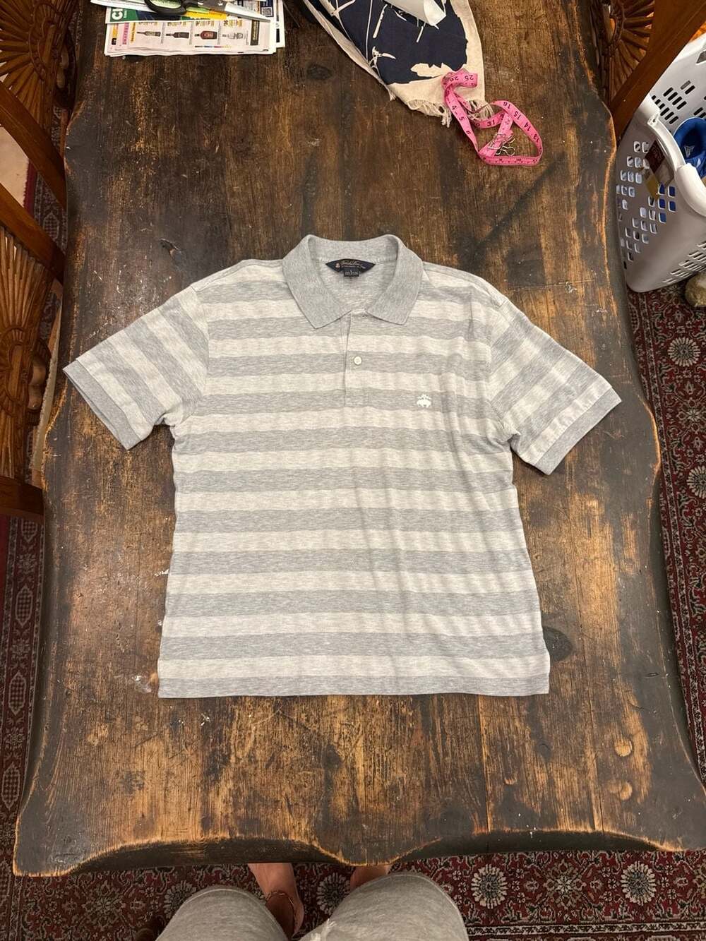 Brooks Brothers Gray and White Striped Short Sleeve Cotton Polo Shirt Size L